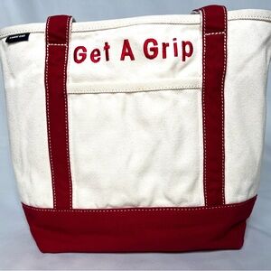 Lands’ End Canvas Tote Bag Red White “Get A Grip” Embroidered Boat Tote